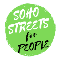 Logo for Soho Streets for People - black & white writing on a green circle